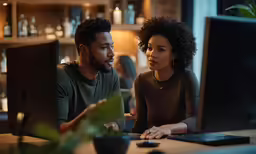 two people at computer screen in dark room