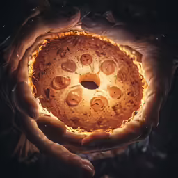 two hands holding a golden cake with many buttons