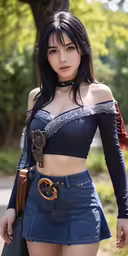 a women wearing blue outfit standing on the street
