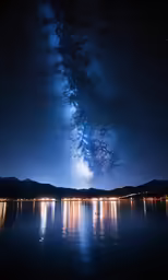 stars are in the sky above water and mountains