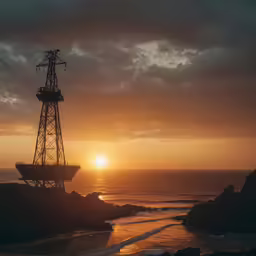 the sun rises over an ocean with an object in the sky