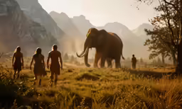 an elephant walking next to some people on top of a lush green field