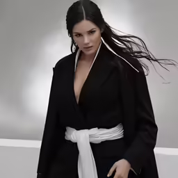 a woman wearing black and white is standing on the stairs