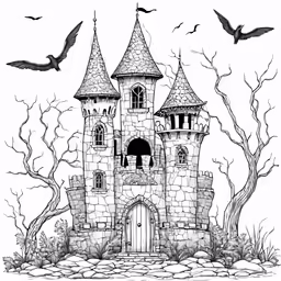 an old castle with bats flying around it