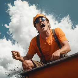 a man in an orange shirt is holding onto the back of a box