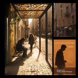 the images show people standing, sitting and walking on a walkway in a city