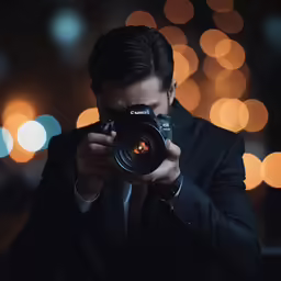 a man taking pictures in front of some lights