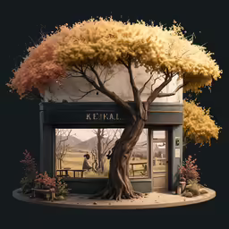 a miniature tree with a few people at a bench