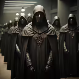 a row of darth vaders standing in the dark