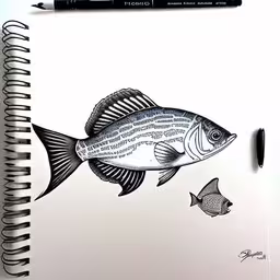 drawing a fish with black ink on paper,a drawing of a fish on a white paper,a fish with words is drawn on a spiral notebook,a drawing of a fish and another fish,pencil drawing of fish and a tiny fish