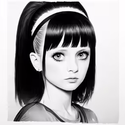 a drawing of a woman with black hair and bangs