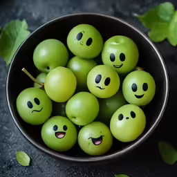 a bowl with green fruits with faces drawn on them