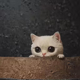a small kitten looks out over a large, round wooden bowl