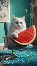 white cat sitting in a half - watermelon chair with blue background