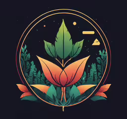 a circular picture with an orange and green leaf in it,a stylized flower with leaves in a circle