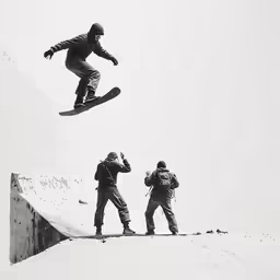 two snowboarders are performing stunts in the air