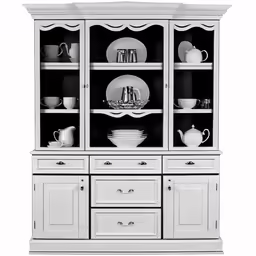 a hutch filled with china cabinets on top of drawers