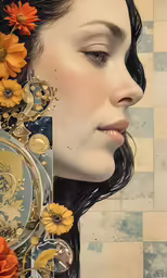 the face of a woman with flowers in her hair