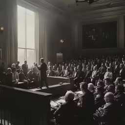 several men are standing in front of the large room of a courtroom
