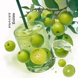 green apples with leaves and a green drink