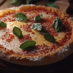 a close up of pizza with sauce and spinach leaves