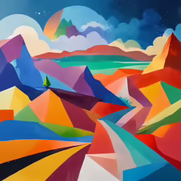 painting of a rainbow mountain valley with clouds and a lone tree