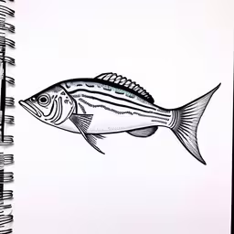 drawing of a fish with sharp tips and thin stripes on the body,drawing of a fish with black line drawing,black and white photo of a fish in water,an ink drawing of a fish hanging upside down,an image of a fish in the middle of a notebook
