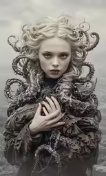 a woman with curly hair, and eyes in a photo