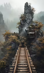 there is a man riding a train down the tracks