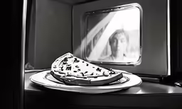 a black and white photo of a slice of pizza on a plate with the picture of a woman in the background