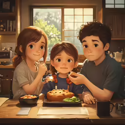 two children and a lady eating some food