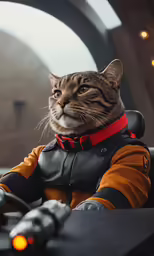 a tabby cat sits at the wheel of a motorcycle