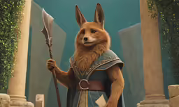 an animal dressed in a crown and armor holding a spear