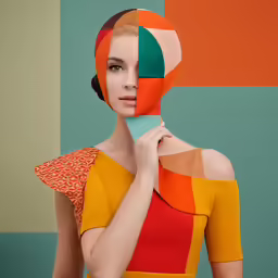 an abstract woman is looking up at the camera