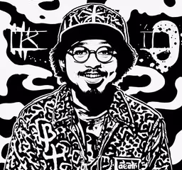 a drawing of an older black man,a black and white photo of a man with glasses