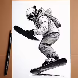 the sketch of a snowboarder is made with a marker
