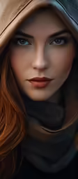 woman with long red hair and hood, wearing coat and scarf