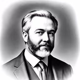 a black and white photo of a man in a suit