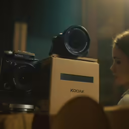 the woman is looking into the box with her camera on top