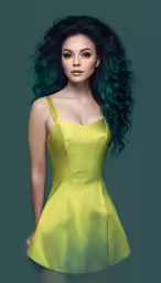 a beautiful woman with long, curly green hair