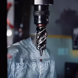a man wearing a blue shirt has a metal object stuck to his head