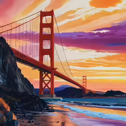 an artistic oil painting shows the golden gate bridge