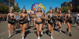 several women walking down the street dressed up for a dance