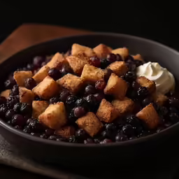 blueberry cobbler with whipped cream is ready for consumption