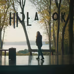 there is a girl that is standing by a bench