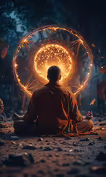 a man is sitting in front of a firework circle