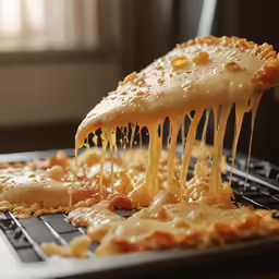 a piece of cheese pizza sitting on a keyboard