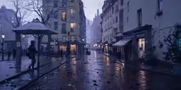 a person walking down the street with an umbrella in the rain