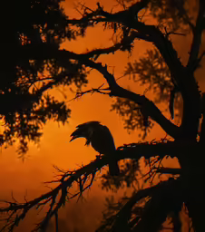 a bird sitting on a tree branch with a orange sky behind it