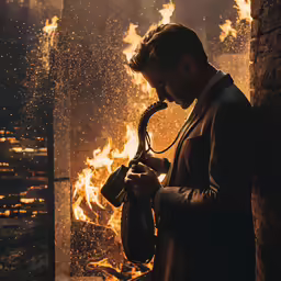 a man is holding a gun by a fire